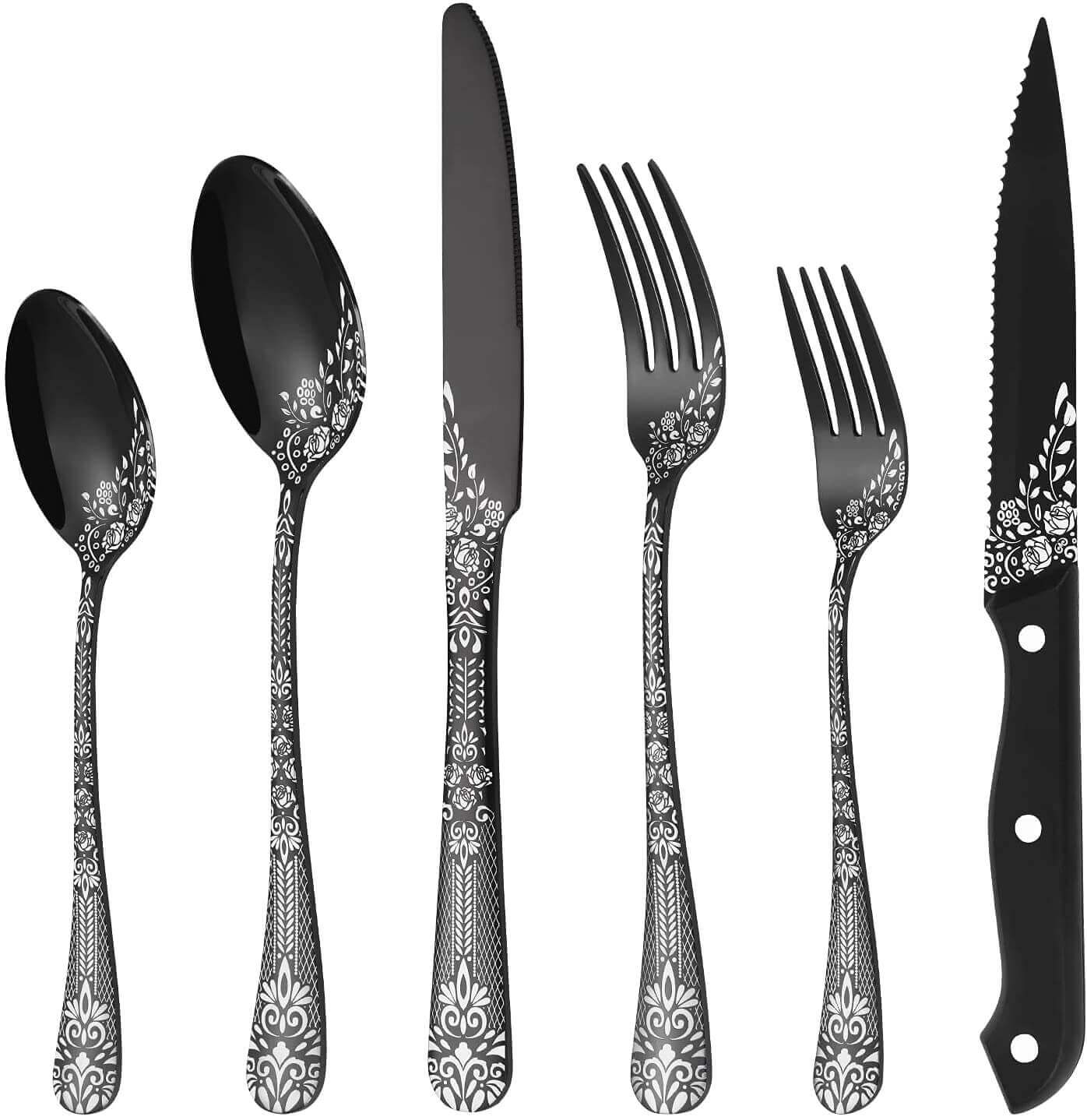 24Pcs Black Stainless Steel Dishwasher Safe Silverware Flatware Cutlery Set Service for 6 - Bevelse